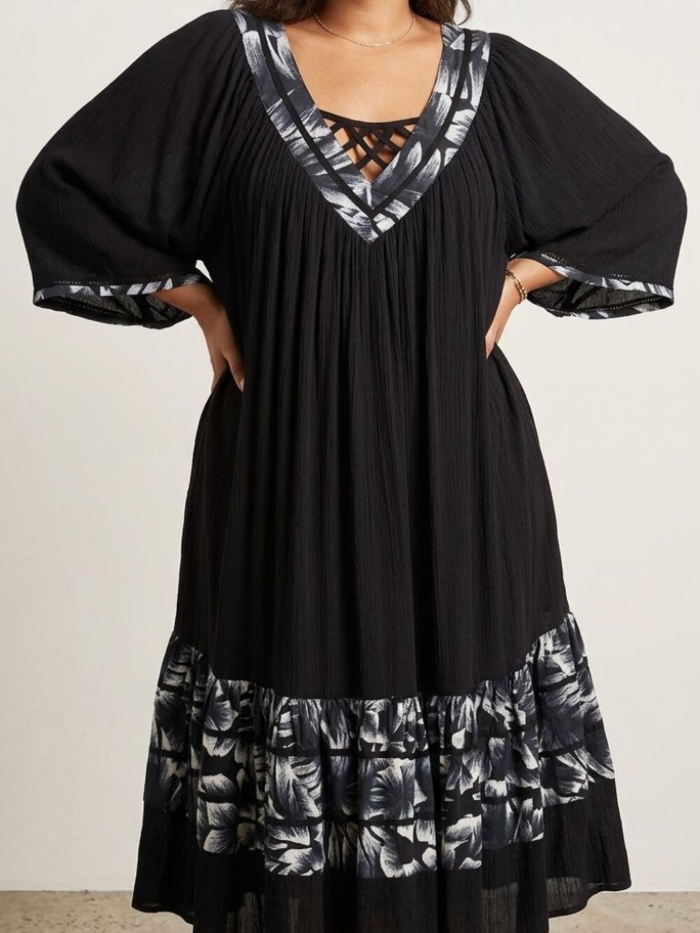 Black V-Neck Tunic Maxi Midi Gauzy Cotton Dress Floral Trim Pockets 4XL Spring